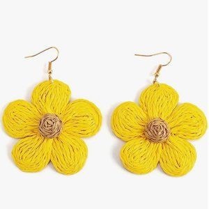 Big Yellow Tan Raffia Flowers Oversized Statement Earrings Wicker Flower Straw